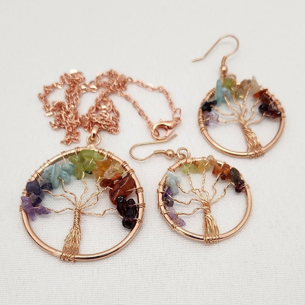 Tree Of Life Genuine Gemstones Pendant Necklace And Earrings #612 NWOT - Picture 6 of 11